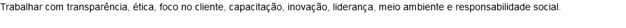 Trabalhar com transparência, ética, foco no cliente, capacitação, inovação, liderança, meio ambiente e responsabilidade social.